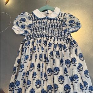 White and Blue Smocked Sundress with Puff Sleeves